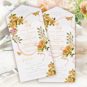 Gold Rose Ribbon Monogram Wedding Invitation