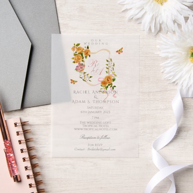 Gold Rose Ribbon Monogram Wedding  Invitation (Wedding)