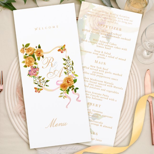 Gold Rose Ribbon Monogram Wedding Menu (Gold Rose Ribbon Monogram Wedding Menu)