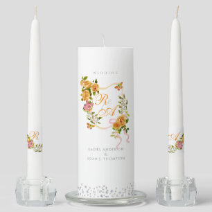Gold Rose Ribbon Monogram Wedding Unity Candle Set