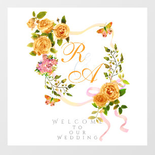 Gold Rose Ribbon Monogram Wedding Wall Decal