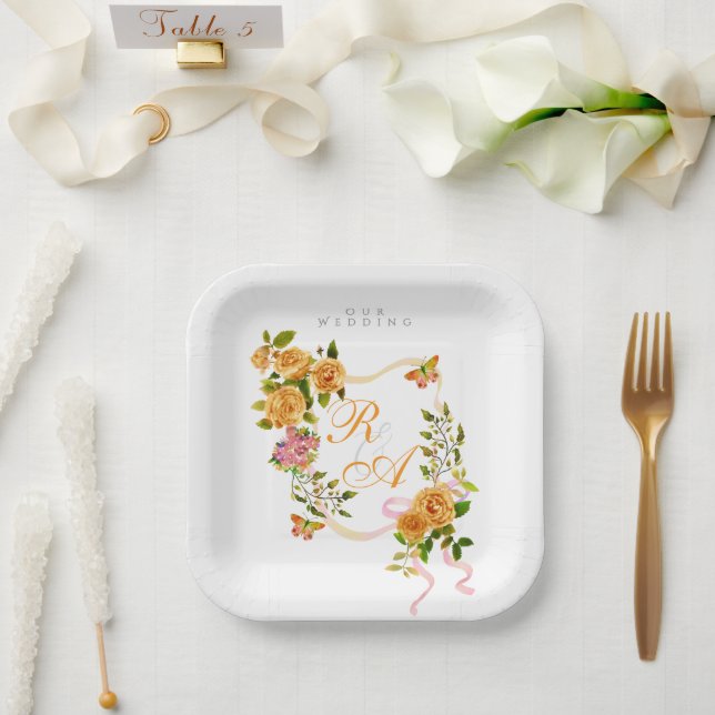 Gold Rose Ribbon Wedding Paper Plates (Wedding)