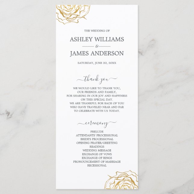 Gold Rose Script Simple Wedding Program (Front)