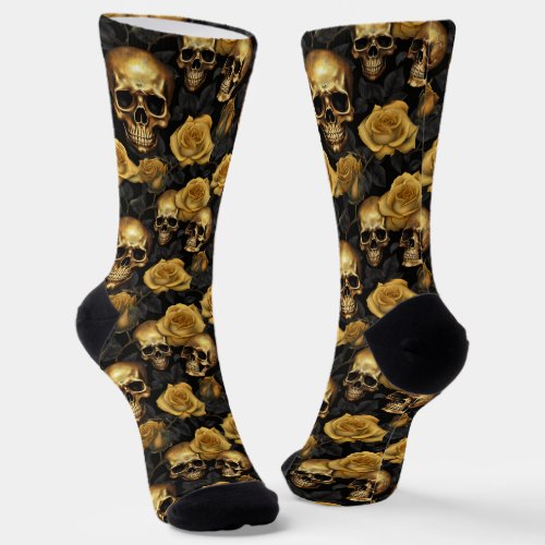 Gold Rose Skull Pattern on Black Socks