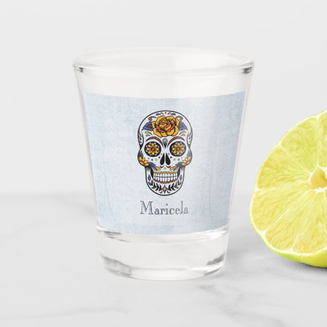Gold Rose Sugar Skull Personalized Shot Glass (Front)