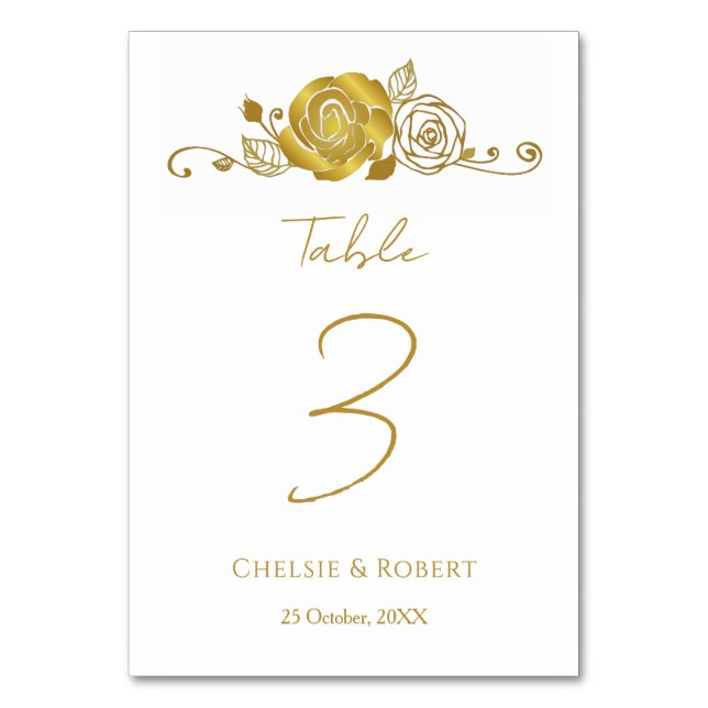 Gold Rose Swirls Wedding Table Number (Front)