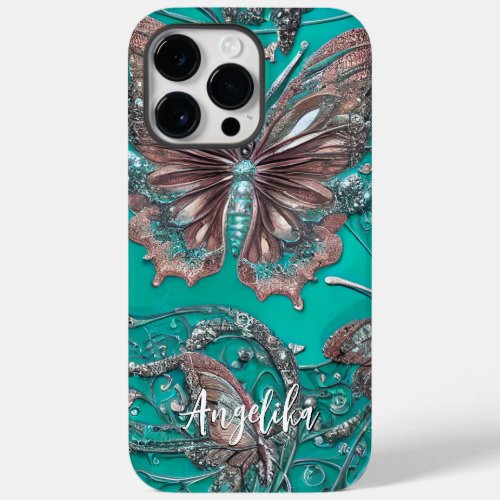 Gold Rose Teal Butterfly Personalized Name Case_Mate iPhone 14 Pro Max Case