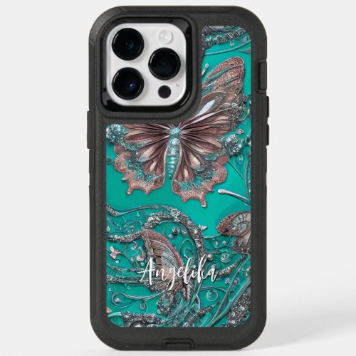 Gold Rose Teal Butterfly Personalized Name OtterBox iPhone 14 Pro Max Case