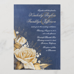 Gold Rose Vintage Navy Floral Wedding Invitation