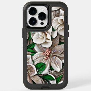 Gold Rose White Gardenia Flowers with Custom Name OtterBox iPhone 14 Pro Max Case