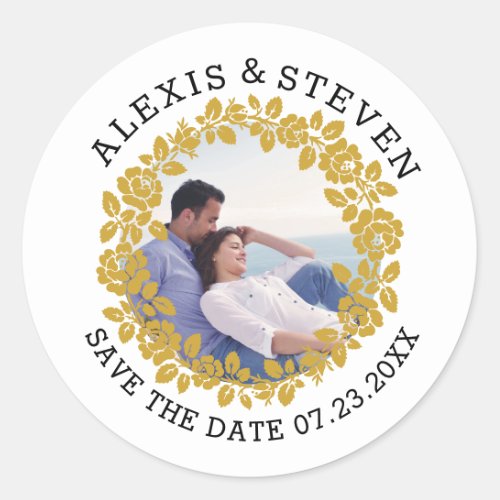 Gold rose wreath floral Save the Date photo Classic Round Sticker