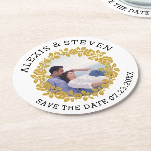 Gold rose wreath floral Save the Date photo Round Paper Coaster