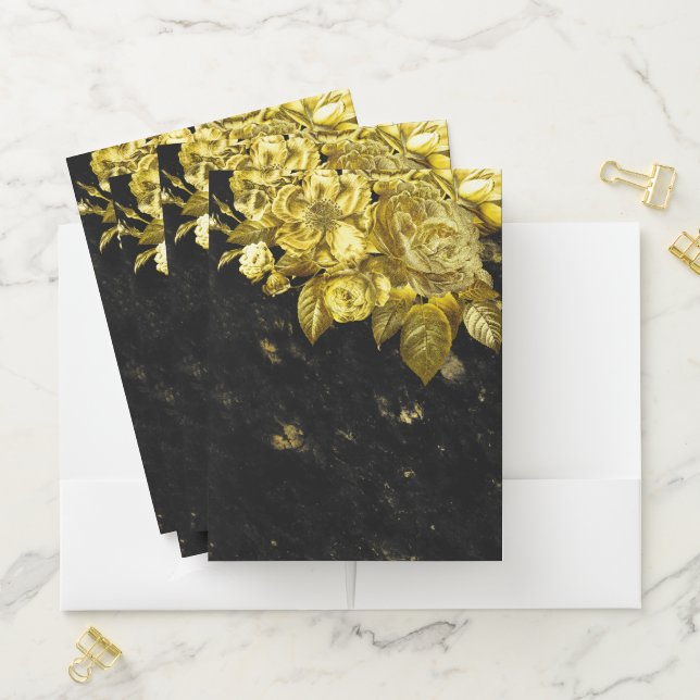 Gold roses and black marble pocket folder (In Situ)
