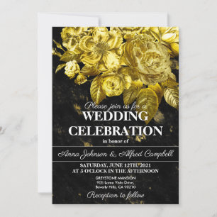 Gold roses and black marble wedding invitation