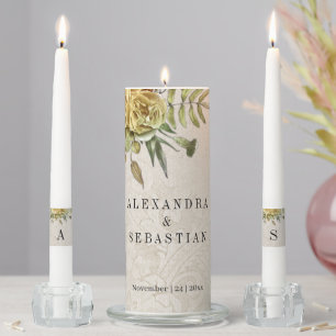 Gold Roses and Cream Damask Wedding Unity Candle Set