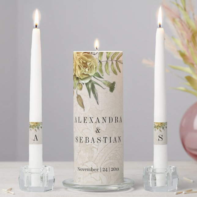 Gold Roses and Cream Damask Wedding Unity Candle Set (In Situ)