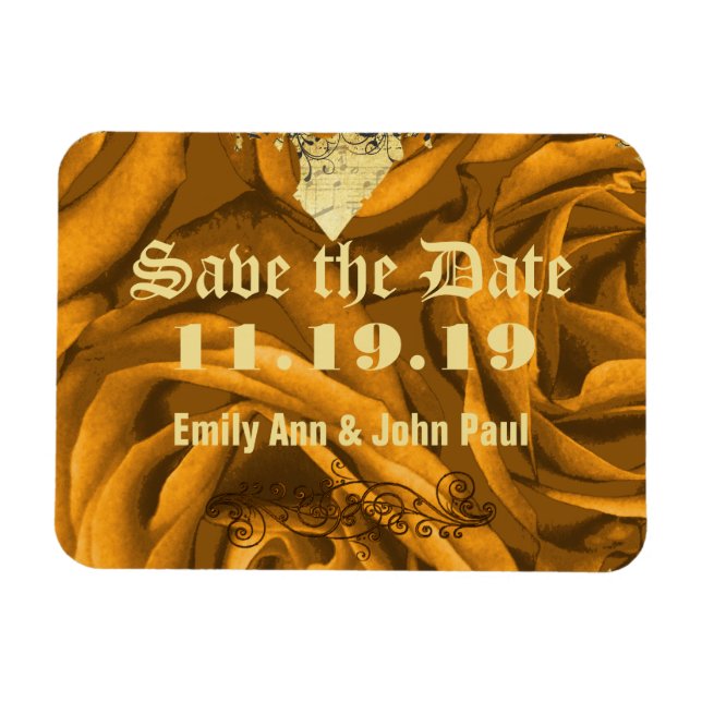 Gold Roses and Hearts Swirls Wedding Save the Date Magnet (Horizontal)