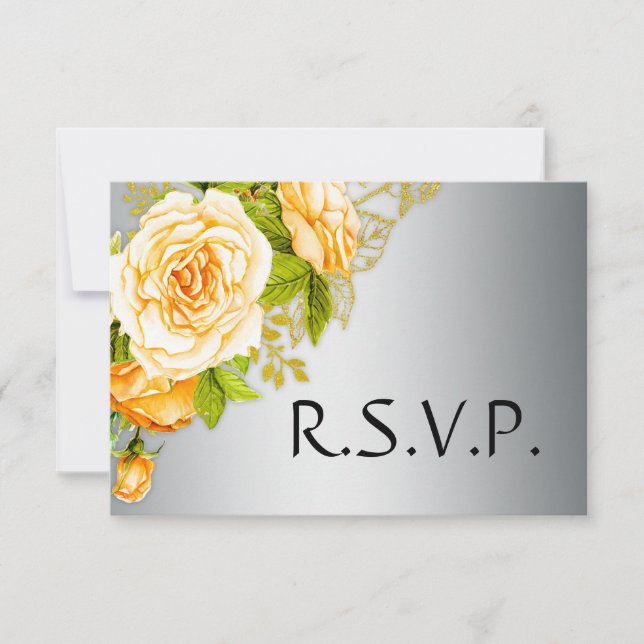 Gold Roses and Silver Wedding RSVP Card (Front)