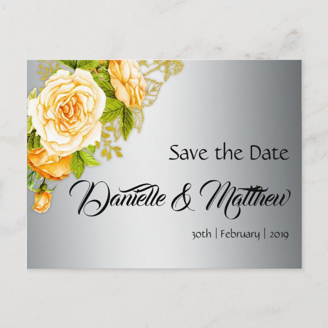 Gold Roses and Silver Wedding Save the Date Announcement Postcard (Front)