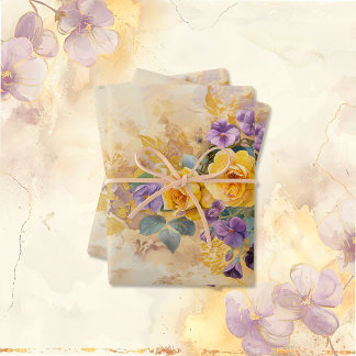 Gold Roses and Violets 50th Wedding Anniversary Wrapping Paper Sheets
