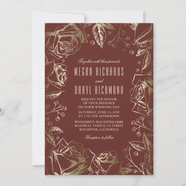 Gold Roses - Burgundy Marsala Fall Wedding Invitation (Front)