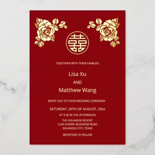 Gold Roses Chinese Wedding Foil Invitation