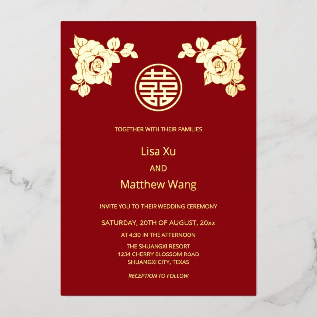 Gold Roses Chinese Wedding Foil Invitation (Front)