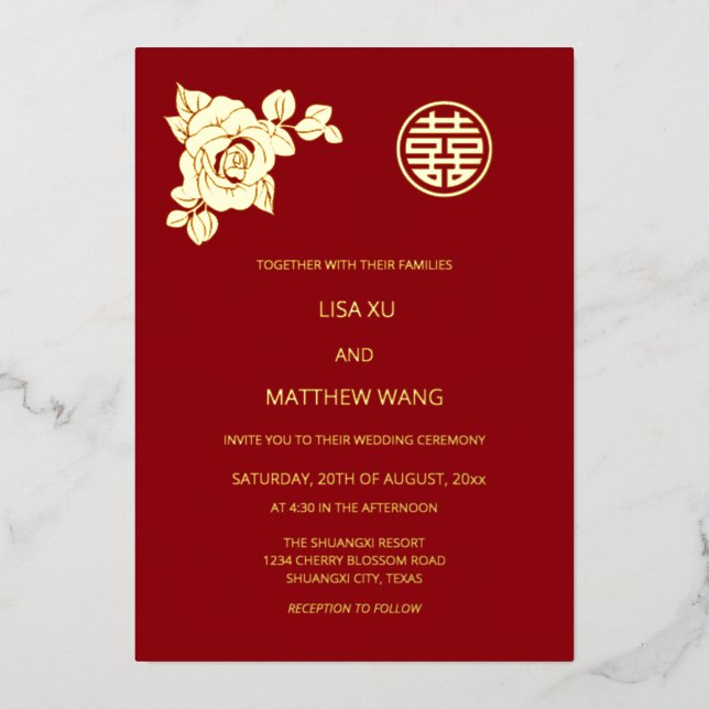 Gold Roses Chinese Wedding Foil Invitation (Front)