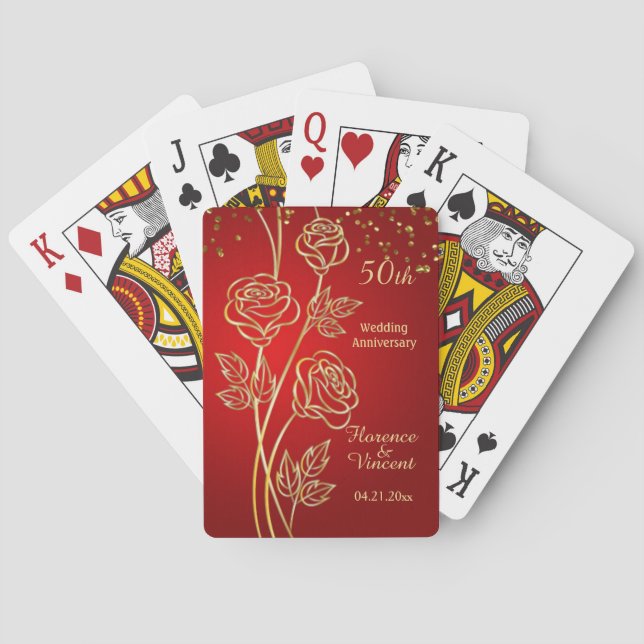 Gold roses, confetti on red 50th Anniversary Poker Cards (Back)