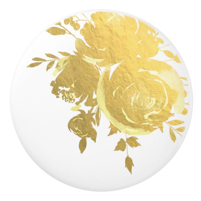 Gold Roses Faux Foil Elegant Modern Floral Glam Ceramic Knob (Front)