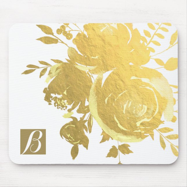 Gold Roses Faux Foil Elegant Modern Floral Glam Mouse Pad (Front)
