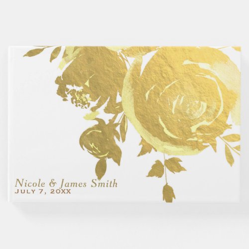 Gold Roses Faux Foil Elegant Modern Floral Wedding Guest Book