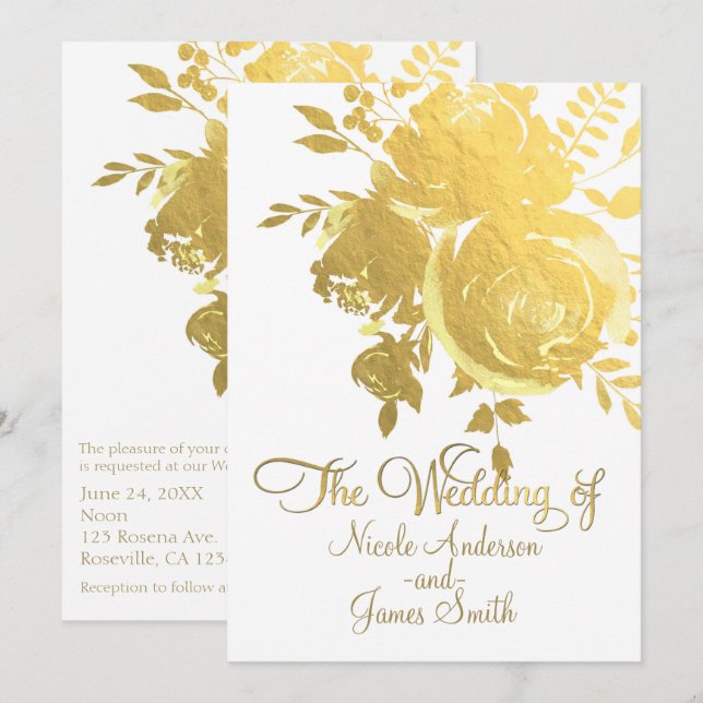 Gold Roses Faux Foil Elegant Modern Floral Wedding Invitation (Front/Back)