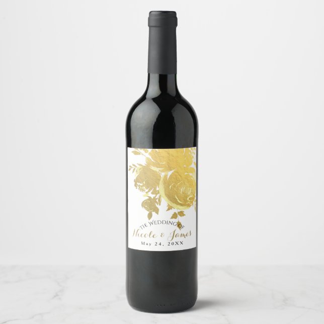 Gold Roses Faux Foil Elegant Modern Floral Wine Label (Front)