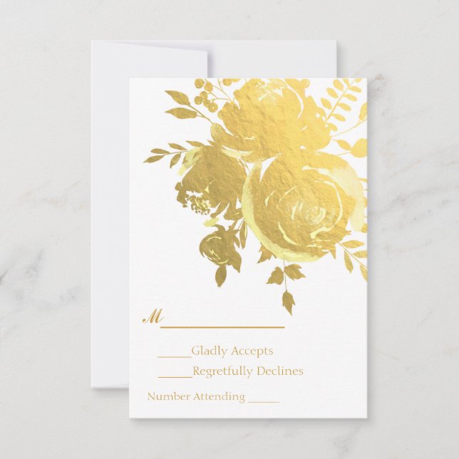 Gold Roses Faux Foil Elegant Modern Wedding RSVP Card (Front)
