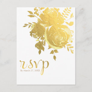 Gold Roses Faux Foil Elegant Modern Wedding RSVP Invitation Postcard