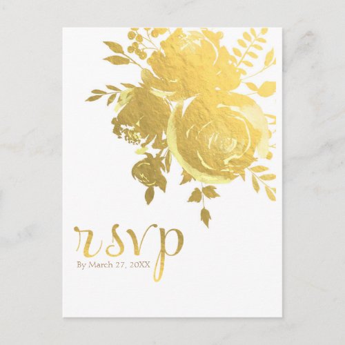 Gold Roses Faux Foil Elegant Modern Wedding RSVP Invitation Postcard