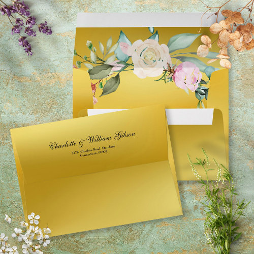 Gold Roses Floral Chic Script Name Return Address