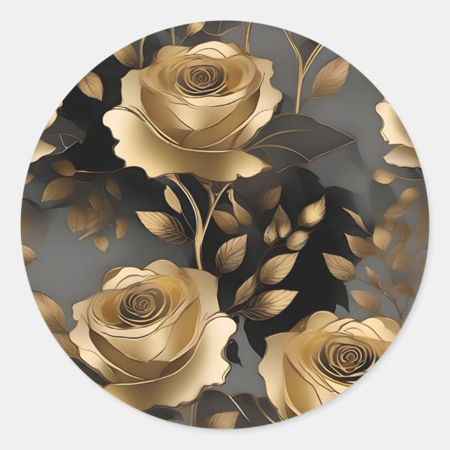 Gold Roses Floral Classic Round Sticker (Front)