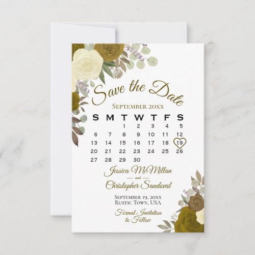 Gold Roses Floral Elegant Boho Wedding Calendar Save The Date