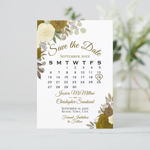 Gold Roses Floral Elegant Boho Wedding Calendar Save The Date