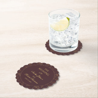Gold Roses Foliage Chocolate Brown Wedding Décor Paper Coaster