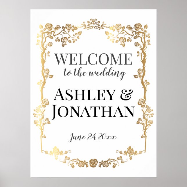 Gold Roses Frame Wedding Welcome Poster (Front)