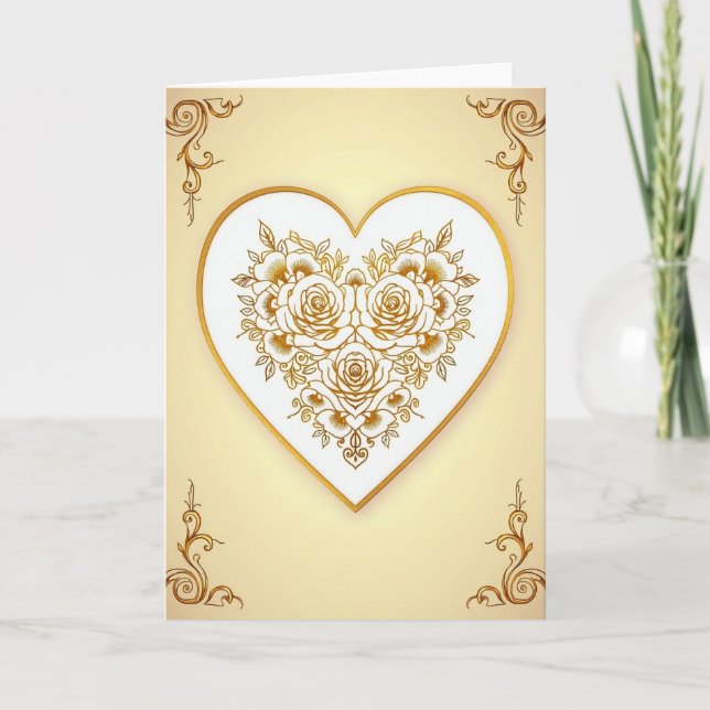 Gold Roses Heart Love Card (Front)