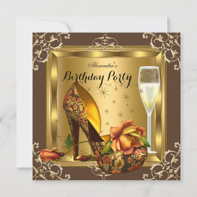 Gold Roses High Heels Champagne Elegant Party Invitation (Front)