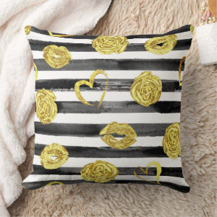 Gold roses, lips, hearts and black stripes throw pillow