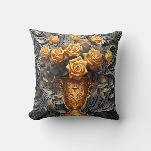 Gold Roses On Antique Silver Square Pillow  16x16