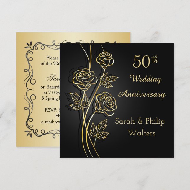 Gold roses on black 50th Anniversary Invitation (Front/Back)