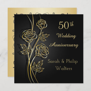 Gold roses on black 50th Anniversary Invitation