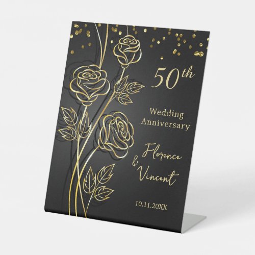 Gold Roses on Black 50th Wedding Anniversary Pedestal Sign